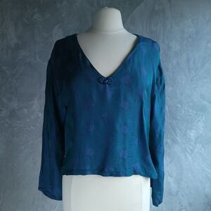 BLUE DRAGON Blue Boxy Top Blouse Size XL Silk Blend Embroidered Geometric Boho